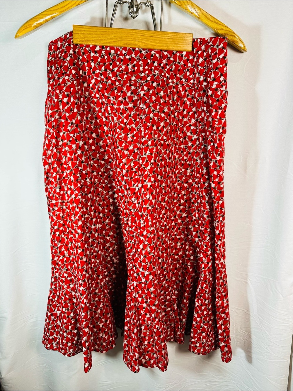 Red Printed A-Line Midi Skirt with Flared Hem